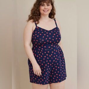 Torrid Women Plus Size 4x Navy red Strawberry Adjustable Strap Romper w/ Pockets